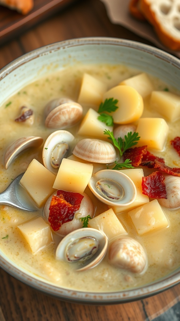 A hearty bowl of clam chowder with clams, potatoes, bacon, and parsley on a rustic table with bread.